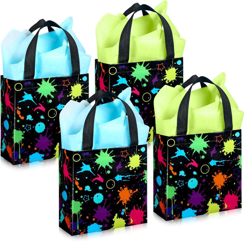 Sanwuta 24 Pieces Glow Neon Favor Bags with Tissue Paper Glow in the Dark Party Supplies No Woven Neon Birthday Gift Goody Candy Bags for Kids Adults Party Decoration 79x32x79 Inch
